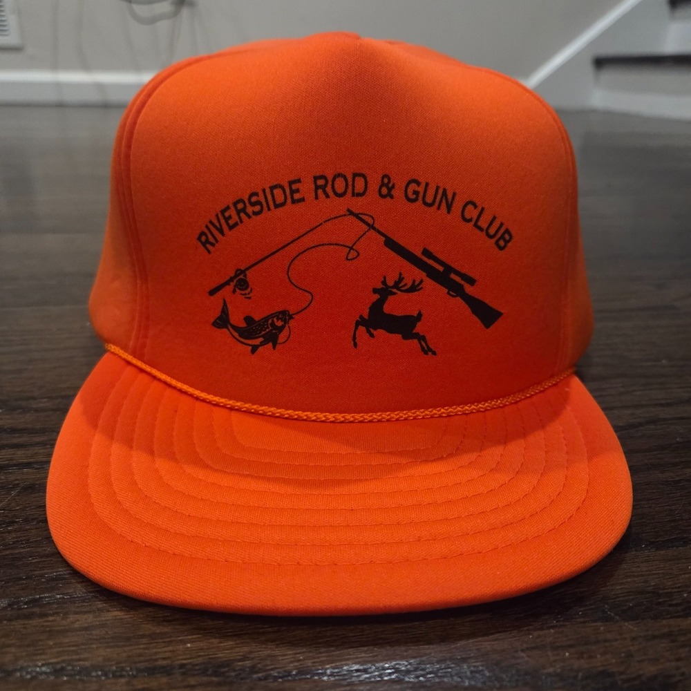 Vintage San Sun Riverside Rod & Gun Club Orange Hunting Fishing Trucker Hat